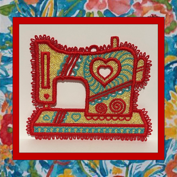 Tatted freestanding lace sewing machine ornament with delicate lace details and sparkly mylar background-2