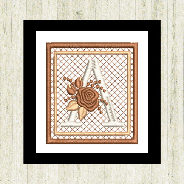 Cream "A", rose-monogram mini quilt machine embroidery design featuring decorative alphabet letters stitched 100% in the hoop for personalized home décor and gift giving.