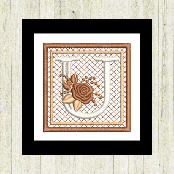 Cream "U", rose-monogram mini quilt machine embroidery design featuring decorative alphabet letters stitched 100% in the hoop for personalized home décor and gift giving.