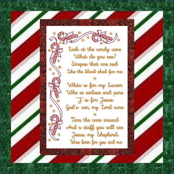 In-the-hoop Christmas wall hanging featuring the Candy Cane Poem with candy cane borders and stitched lettering in red and white.-1