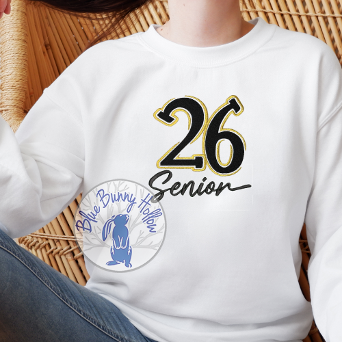 26 Senior embroidery design with bold black numbers and gold trim. (Copy)