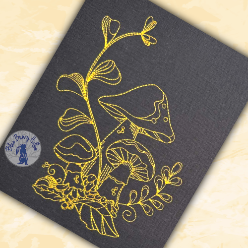 Fairy garden mushroom machine embroidery design featuring delicate forest plants and line art details.