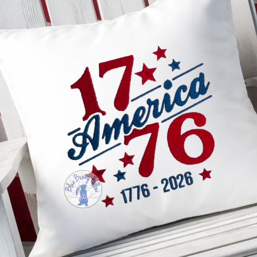 America 1776 to 2026 embroidery design with red white and blue stars.