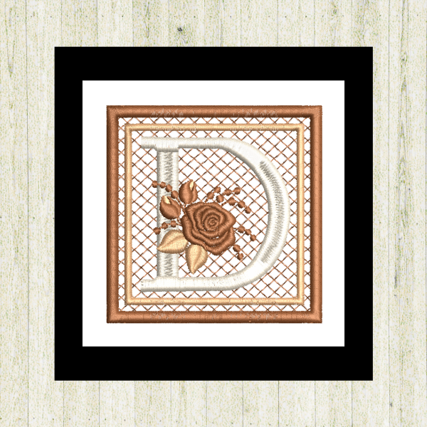 Cream "D", rose-monogram mini quilt machine embroidery design featuring decorative alphabet letters stitched 100% in the hoop for personalized home décor and gift giving2.