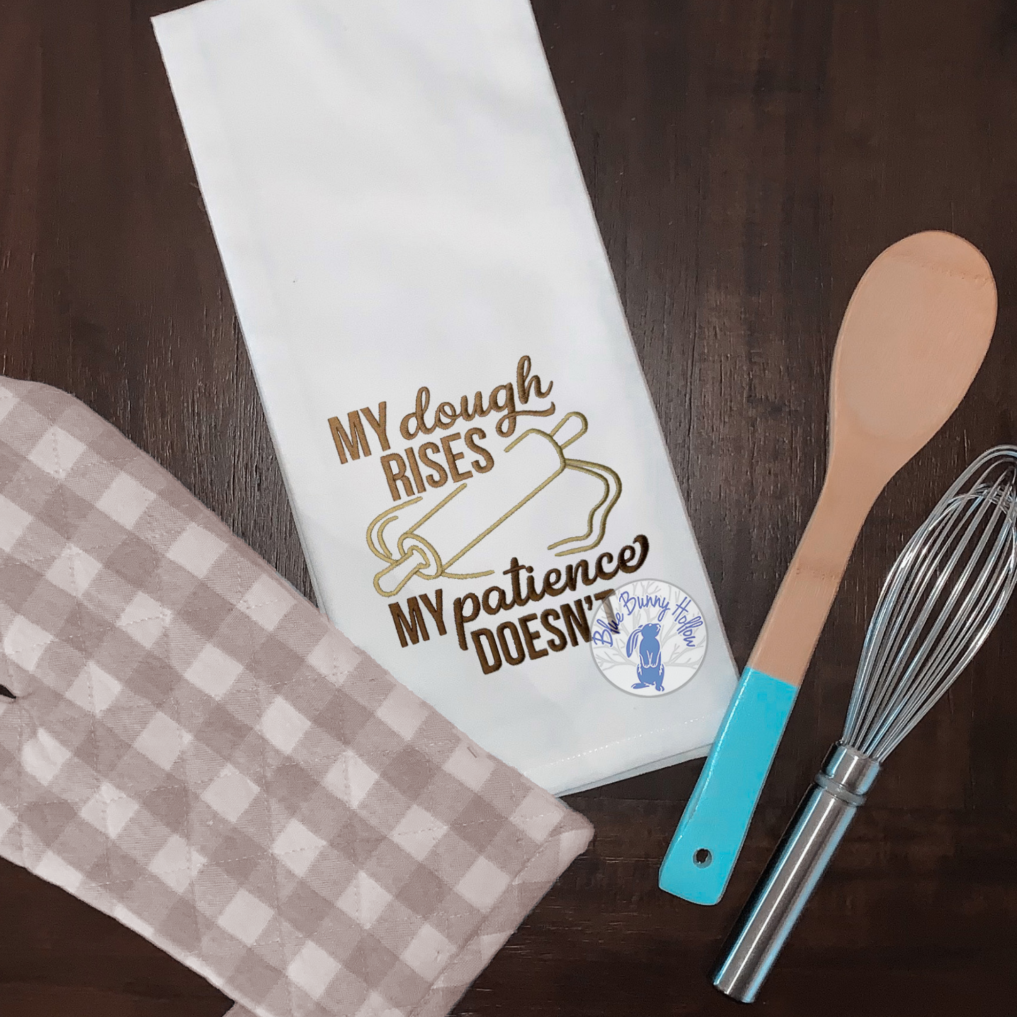 Kitchen towel embroidery design for bakers with humor.