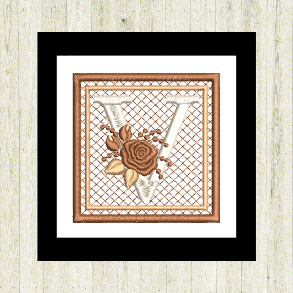 Cream "V", rose-monogram mini quilt machine embroidery design featuring decorative alphabet letters stitched 100% in the hoop for personalized home décor and gift giving.