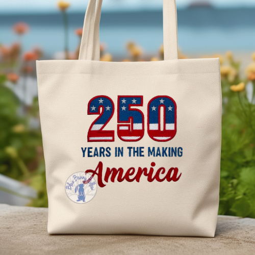 Patriotic 250 years embroidery design with bold America lettering for 1776–2026 projects.