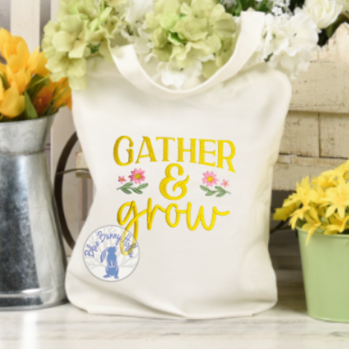 Close-up of Gather and Grow embroidery stitching detail