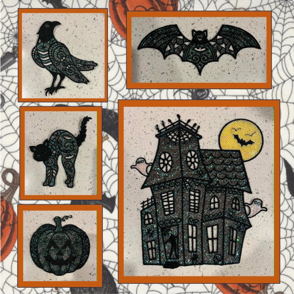 Lace Halloween Collection, including cat, bat, crow, house and pumpkin machine embroideries with shimmering teal Mylar applique and intricate black lace stitching on a light background.
