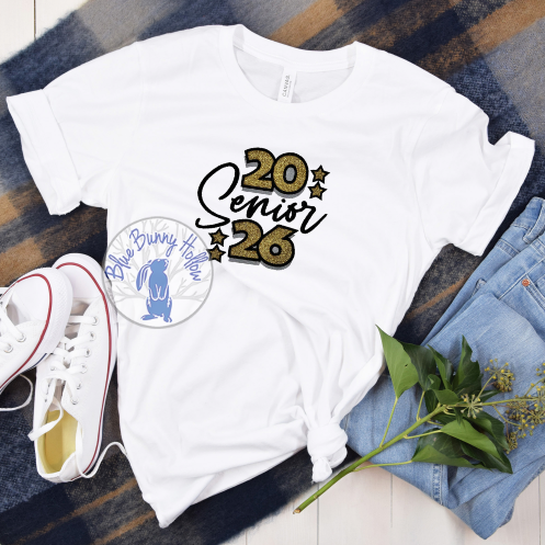 Senior 2026 applique embroidery with glitter vinyl stars and numbers. (Copy)