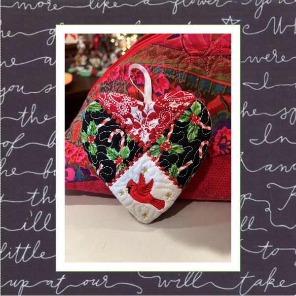 Cardinal Heart – In the Hoop – Scrap Fabric Heart Ornament or Coaster – 5x7 Machine Embroidery Design – Christmas – Winter – Valentine’s Day