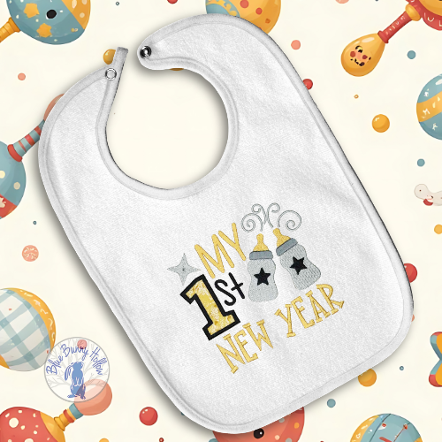 Baby first New Year embroidery design for shirts and bibs.