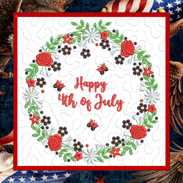 Patriotic red white and blue floral wreath quilt block machine embroidery design with butterflies for July 4th Americana décor stitched in the hoop.