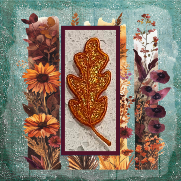 Small lace oak leaf machine embroidery design with sparkling gold Mylar applique, shown among autumn floral and leaf designs.
