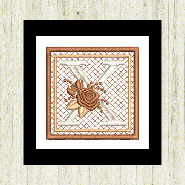 Cream "X", rose-monogram mini quilt machine embroidery design featuring decorative alphabet letters stitched 100% in the hoop for personalized home décor and gift giving.
