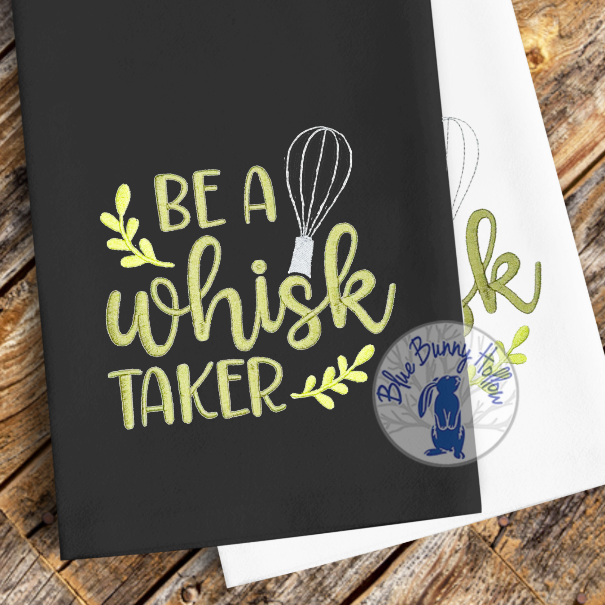 Fun kitchen embroidery design with manually digitized lettering.