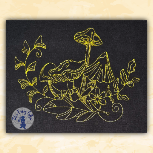 Pixie Stool whimsical mushroom embroidery design created in redwork-style woodland line art.