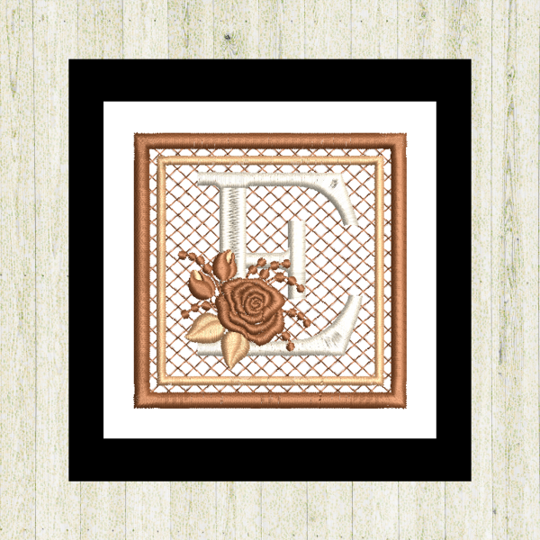 Cream "E", rose-monogram mini quilt machine embroidery design featuring decorative alphabet letters stitched 100% in the hoop for personalized home décor and gift giving.