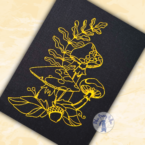Nature-inspired forest mushroom embroidery surrounded by detailed leaves, grasses and woodland plants.