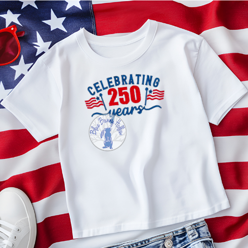 Celebrating 250 Years embroidery design with two patriotic flags.