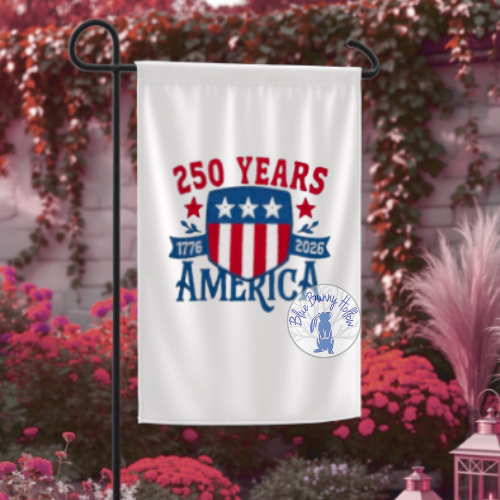 Patriotic America 250 years machine embroidery design stitched in red white and blue.