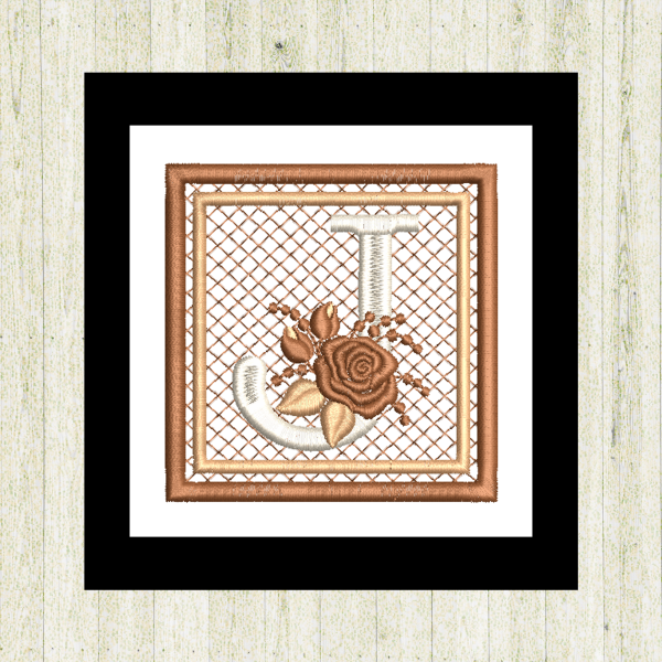 Cream "J", rose-monogram mini quilt machine embroidery design featuring decorative alphabet letters stitched 100% in the hoop for personalized home décor and gift giving.