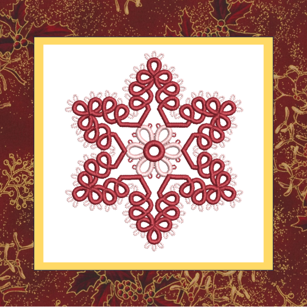 A delicate tatted free-standing lace star snowflake ornament, stitched in burgundy and pink thread 2.