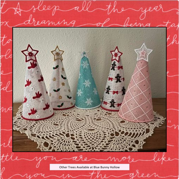 Free-standing lace Christmas tree embroidery designs at Blue Bunny Hollow.
