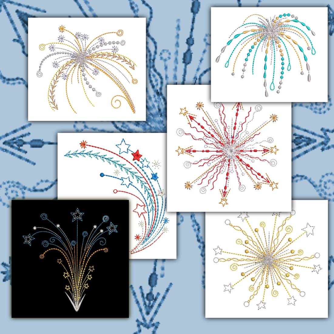 Fireworks embroidery bundle displayed on fabric showing patriotic celebration design.