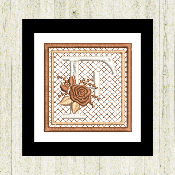 Cream "R", rose-monogram mini quilt machine embroidery design featuring decorative alphabet letters stitched 100% in the hoop for personalized home décor and gift giving.