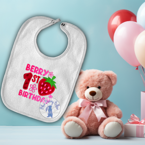 Berry 1st Birthday applique embroidery design with strawberry and number 1.