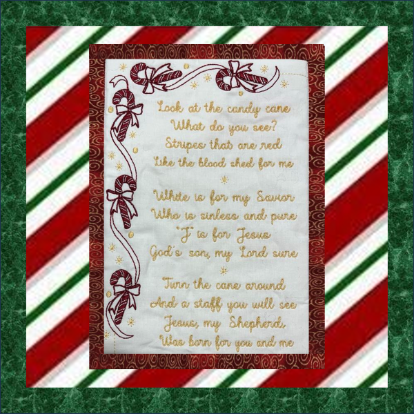 In-the-hoop Christmas wall hanging featuring the Candy Cane Poem with candy cane borders and stitched lettering in red and white-2.