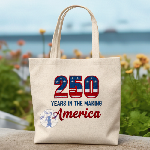 250 Years In The Making America embroidery design with stars and stripes inside the number 250.