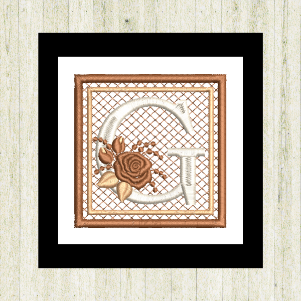Cream "G", rose-monogram mini quilt machine embroidery design featuring decorative alphabet letters stitched 100% in the hoop for personalized home décor and gift giving.