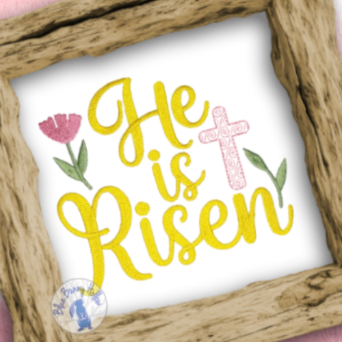 He is Risen embroidery with detailed stitching.