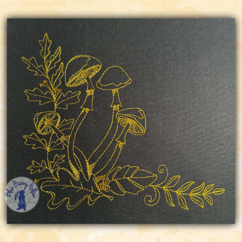 Mushroom in the Woods redwork-style embroidery design surrounded by detailed forest vegetation.