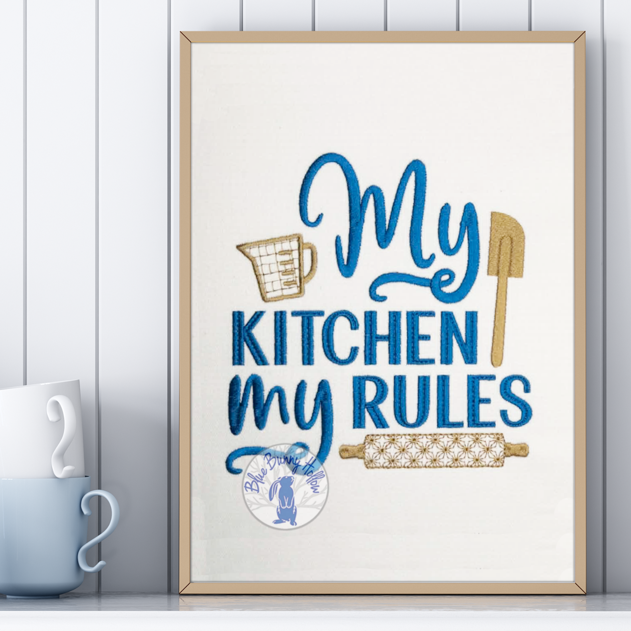 Funny kitchen quote embroidery for towels and aprons.
