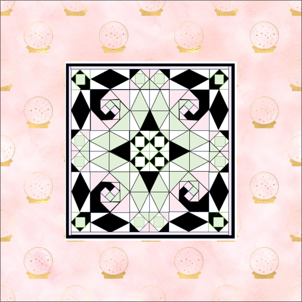 Storm at Sea quilt with Snail Trail centers in black, pink, light olive green-colored fabrics, stitched in-the-hoop with precise geometric alignment