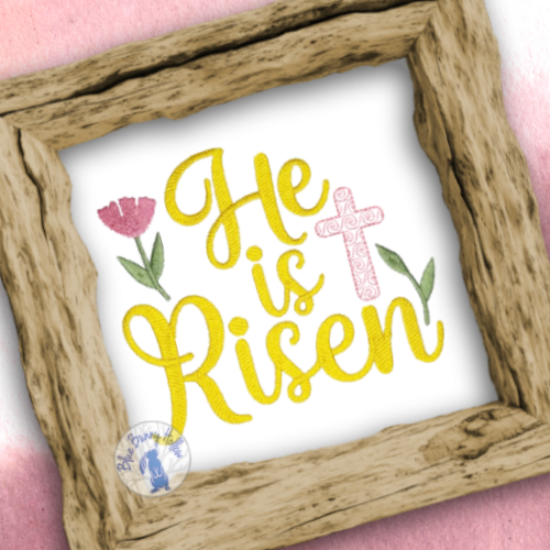 2. Religious Easter embroidery design with floral cross and lettering.