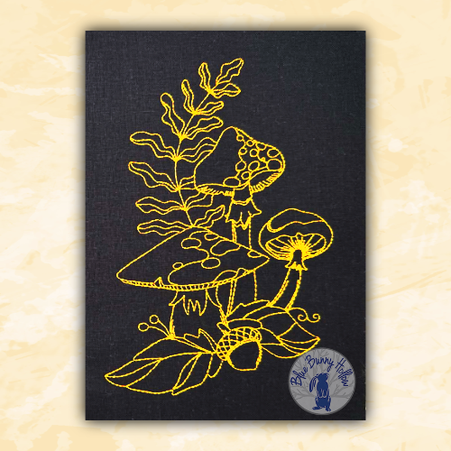 Forest Mushroom redwork-style machine embroidery design with natural woodland vegetation.