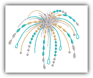 Close-up of fireworks embroidery design showing clean stitching and detailed burst pattern.