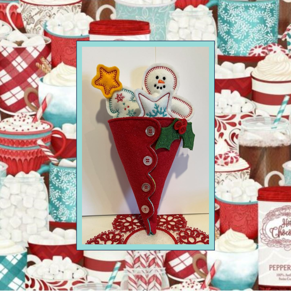 In the Hoop Cornucopia Snowman Christmas Machine Embroidery Design – stuffed felt cornucopia with snowman, tree, and stars