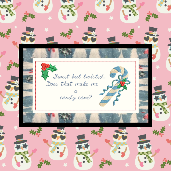 Twisted Candy Cane Christmas mugrug machine embroidery design stitched in the hoop with festive candy cane, holly and humorous holiday saying.