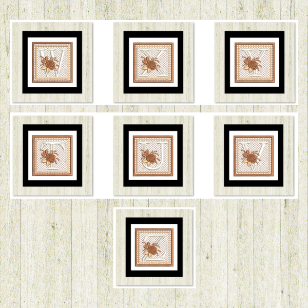 Cream rose-monogram mini quilt machine embroidery design featuring decorative 26 alphabet lettersT-Z, stitched 100% in the hoop for personalized home décor and gift giving.