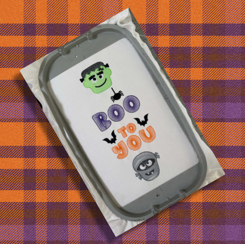 Boo to You Halloween embroidery design showing spooky monster and mummy faces, a spider and bats with decorative light-fill stitching. (Copy) (Copy) (Copy) (Copy) (Copy)