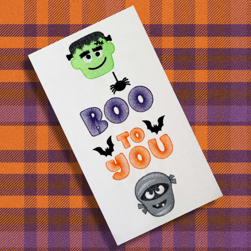 Boo to You Halloween porch sign machine embroidery design featuring a Frankenstein-inspired monster head, spider, flying bats and mummy in a long, narrow light-fill layout. (Copy) (Copy) (Copy) (Copy)