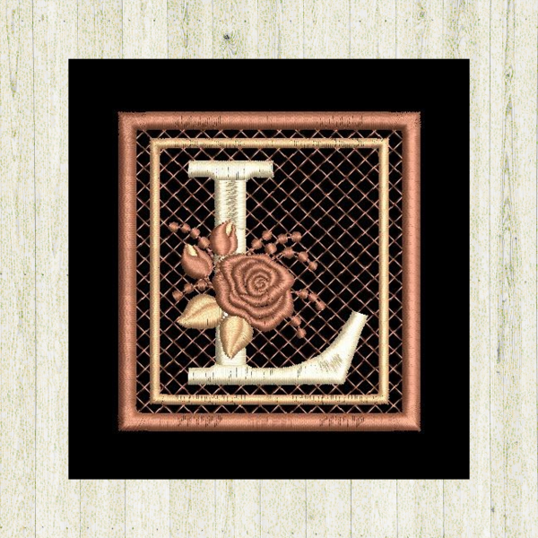 Black "L", rose-monogram mini quilt machine embroidery design featuring decorative alphabet letters stitched entirely in the hoop for personalized home décor and gift giving.