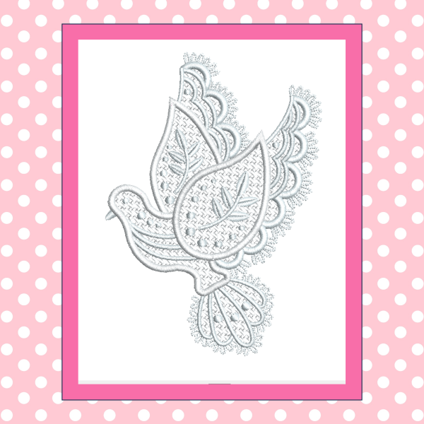 freestanding lace embroidered dove with tatted picot wings and mylar applique background
