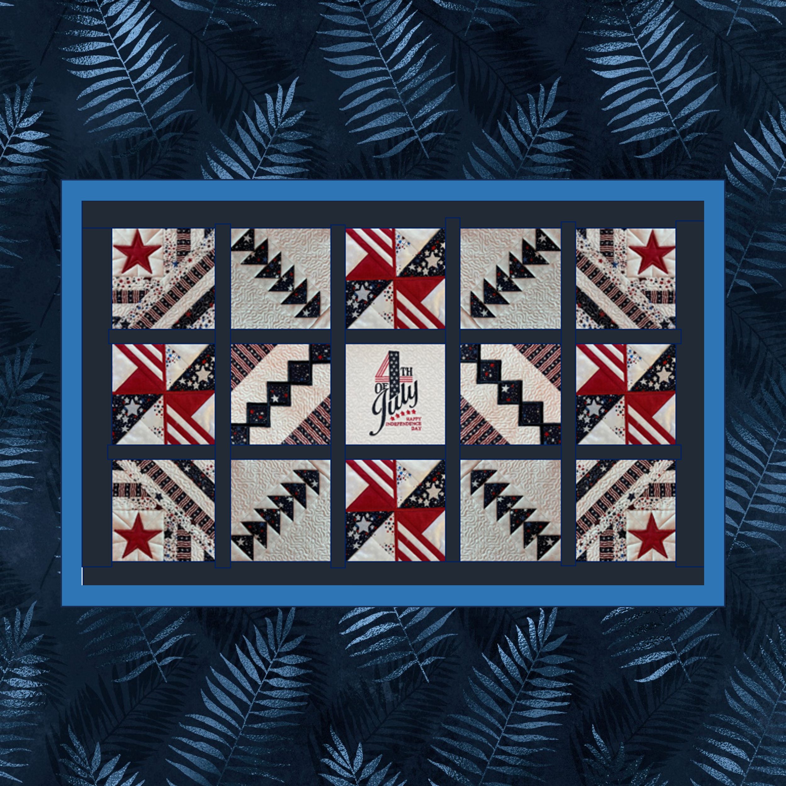 Sample wall hanging, using lucinda’s embroideries patriotic, 6-inch, in the hoop quilt blocks.