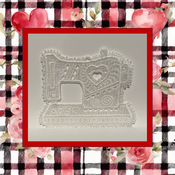 Tatted freestanding lace sewing machine ornament with delicate lace details and sparkly mylar background-3